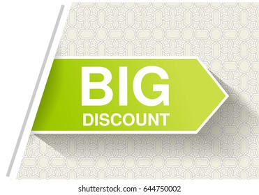 Vector green advertising labels. Arrow stickers inserted under the white paper page. Offer - Big discount on the ornamental background
