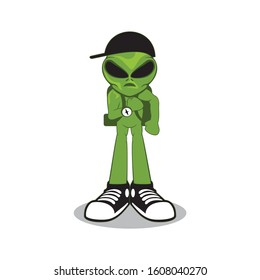 Vector of green alien character wearing shoes, backpack and black hat isolated white background design eps format