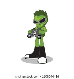 Vector of green alien character wearing shoes, backpack and sunglass holding binoculars isolated white background design eps format