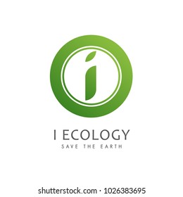 Vector green alphabet eco letter I logo with leave shape