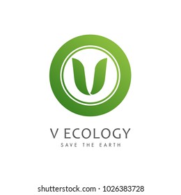 Vector green alphabet eco letter V logo with leave shape