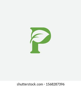 Vector green alphabet eco logo with leaves, Green Eco Alphabet Vector icon, initial P with nature logo design inspiration.