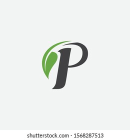 Vector green alphabet eco logo with leaves, Green Eco Alphabet Vector icon, initial P with nature logo design inspiration.