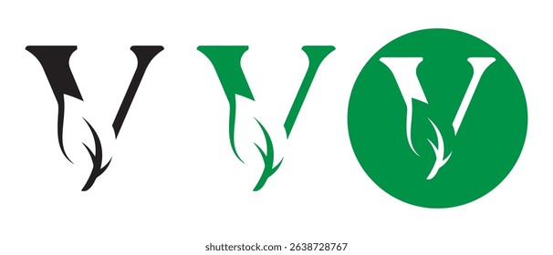 Vector green alphabet eco logo with leaves, Green Eco Alphabet Vector icon, initial V with nature logo design inspiration.