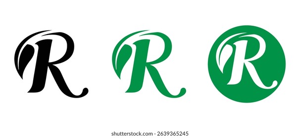 Vector green alphabet eco logo with leaves, Green Eco Alphabet Vector icon, initial R with nature logo design inspiration.