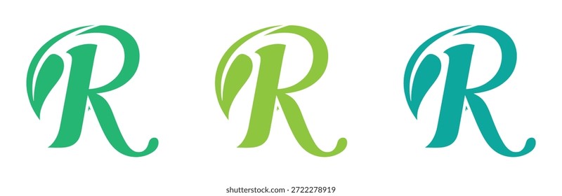 Vetor verde alfabeto eco logotipo com folhas, ícone verde Eco Alphabet Vetor, inicial R com inspiração de design de logotipo da natureza. Impressionante verde e azul letra R logotipos no fundo branco.