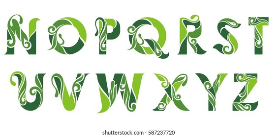 Vector green alphabet.Set of  letters logo with leaves