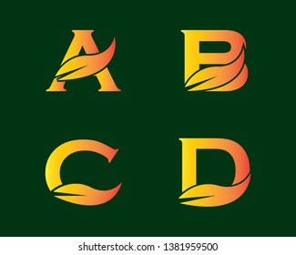 Vector Green alphabet set of eco letters logo with leaves; A,B,C,D - Vector
