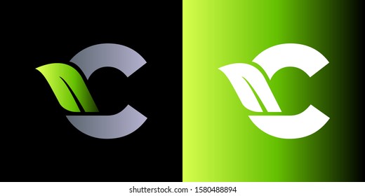 Vector green alphabet set of eco letters logo with leaves. Letter C icon company name Template Design.