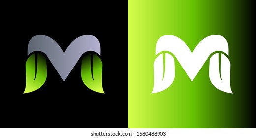Vector green alphabet set of eco letters logo with leaves. Letter M icon company name Template Design.