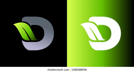 Vector green alphabet set of eco letters logo with leaves. Letter D icon company name Template Design.