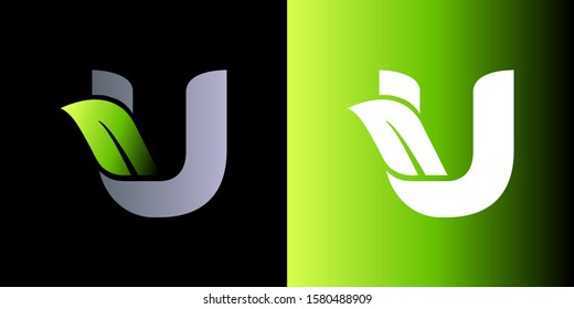 Vector green alphabet set of eco letters logo with leaves. Letter U icon company name Template Design.