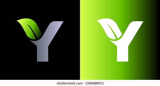 Vector green alphabet set of eco letters logo with leaves. Letter Y icon company name Template Design.