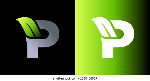 Vector green alphabet set of eco letters logo with leaves. Letter P icon company name Template Design.