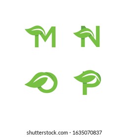 Vector green alphabet set of eco letters logo with leaves: M,N,O,P