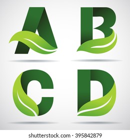 Vector green alphabet set of eco letters logo with leaves: A, B, C,D 
