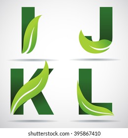 Vector green alphabet set of eco letters logo with leaves: I, J,K,L