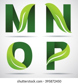 Vector green alphabet set of eco letters logo with leaves: M,N,O,P