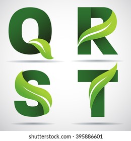 Vector green alphabet set of eco letters logo with leaves: Q,R,S,T 