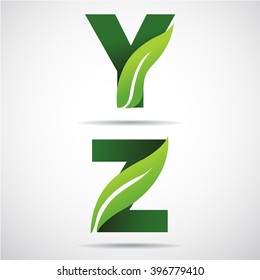Vector green alphabet set of eco letters logo with leaves: Y,Z 