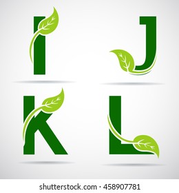 Vector green alphabet set of eco letters logo with leaves: I, J, K,L