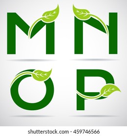 Vector green alphabet set of eco letters logo with leaves: M, N, O,P