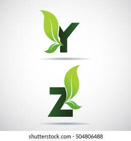 Vector green alphabet set of eco letters logo with leaves: Y,Z