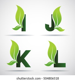 Vector green alphabet set of eco letters logo with leaves: I, J, K,L