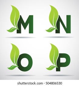 Vector green alphabet set of eco letters logo with leaves: M, N, O,P