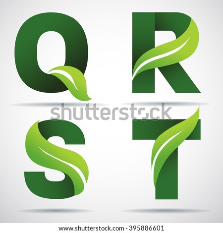 Vector green alphabet set of eco letters logo with leaves: Q,R,S,T 