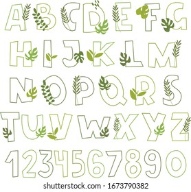 Vector green alphabet with tropical leaves, isolated on white. Cute flat alphabet and numbers. Perfect for childish poster, study guide for children, ecology design, logo, educational materials