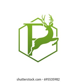 Vector Green Animal Jumping Deer Letter P Logo