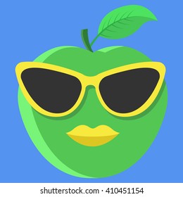 Vector green apple cartoon with glasses and yellow lips isolated icon.