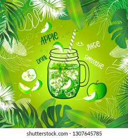vector green apple drink in mason jar decorated with tropical leaves frame and doodles