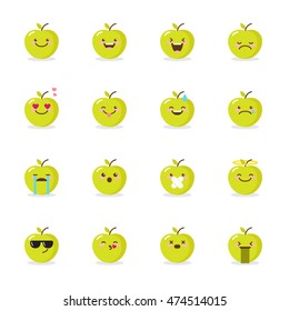 Vector Green Apple Emoji Set. Funny Cartoon Emoticons.