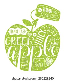 Vector Green Apple Fruit. Vintage Retro Grunge Fruit Label, Sticker, Badge or Icon with Calligraphy and Hand drawn Lettering for Fresh and Healthy Fruits.