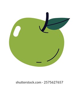 Vector green apple icon. Flat cartoon fruit. Organic food and nutrient. Nature element or juice symbol. Element for edible and natural diet. Super food and eating, greenery print. Healthy and fresh.