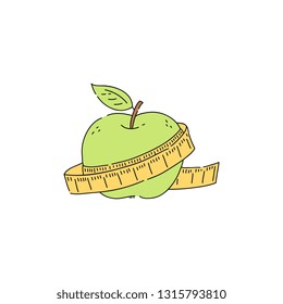 Vector green apple with measuring tape sketch icon. Weight control and healthy eating concept. Ripe fruit full of nutrients and vitamins for fintess lifestyle and weight loss.