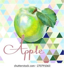 Vector green apple on abstract geometric background.