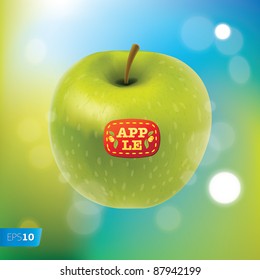 Vector. Green apple vector on a blue background with sunbeams