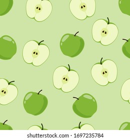 Vector Green Apple Seamless Pattern Illustration On White Background.