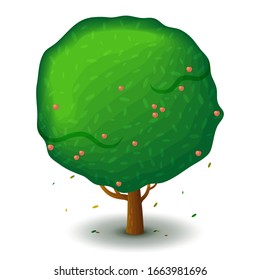 Vector green apple tree. Game UI flat. Stylized drawing for logo design, decorating clothes, build 2D games or postcards. Isolated stock illustration on white background.