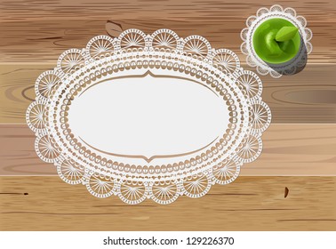 vector green apple and vintage doily mats on wooden table, eps10 file, gradient mesh and transparency used, raster version available