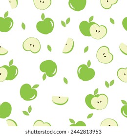 Vector green apples seamless pattern. Whole apples and slices with leaves on white background. Repeatable backgrounds for paper cover fabric gift wrap wall art interior decorations or for any else.