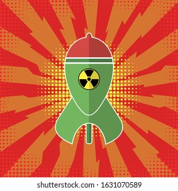Vector Green Atomic Bomb with Radiation Sign on Red Background. Nuclear Rocket. Weapon Icon. Explode Flash, Cartoon Explosion, Nuclear Burst.