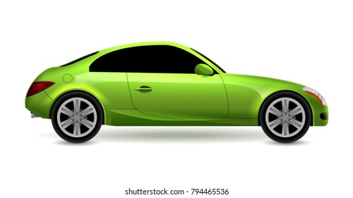 Vector coupé de automóvil verde vista lateral de perfil aislado. Coche auto moderno de lujo del transporte del sedán. Ilustración de diseño de coche de vista lateral.