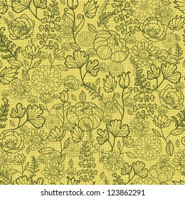 Vector green autumn flowers elegant lace seamless pattern background