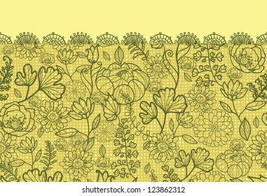 Vector green autumn flowers elegant lace horizontal seamless pattern background ornament with hand drawn elements
