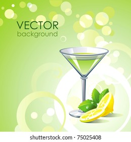 Vector green background with alcohol cocktail and lemon with mint.