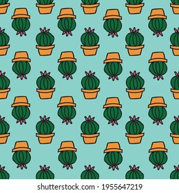 Vector green background cactus plant in pot, succulents seamless pattern. Seamless pattern background